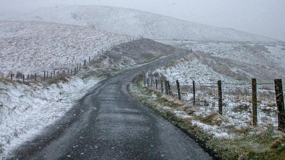 Snow in fields along a country road in Rostrevor in County Down