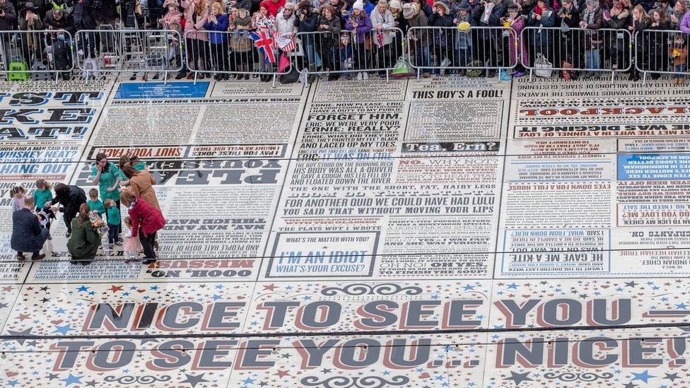 Catherine, Duchess of Cambridge and Prince William, Duke of Cambridge greet children as they walk on the Comedy Carpet during their visit to Blackpool Tower on March 6, 2019