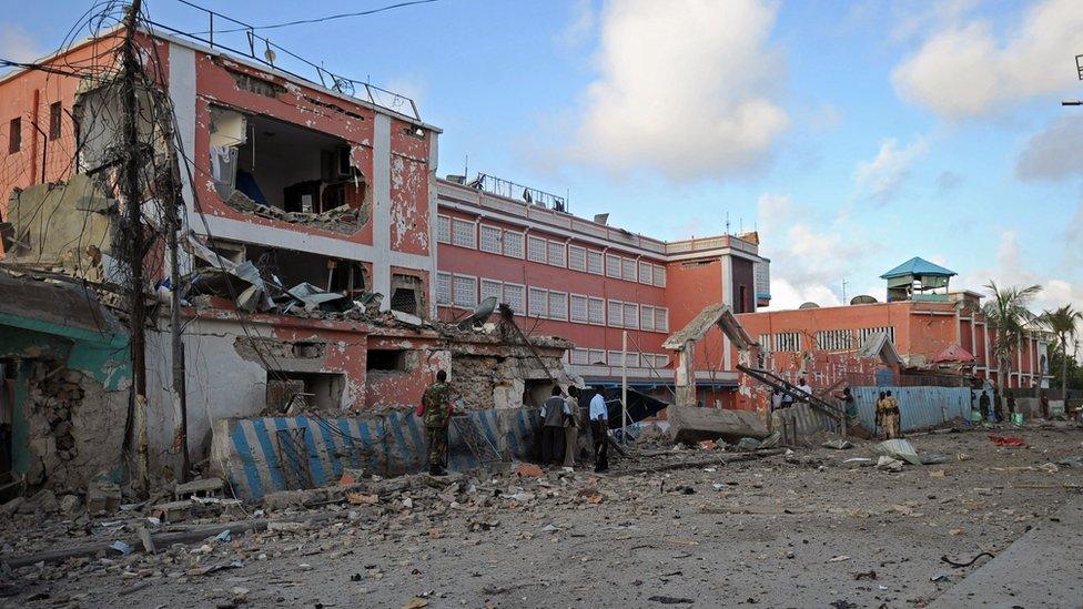 The damaged Sahafi hotel in Mogadishu