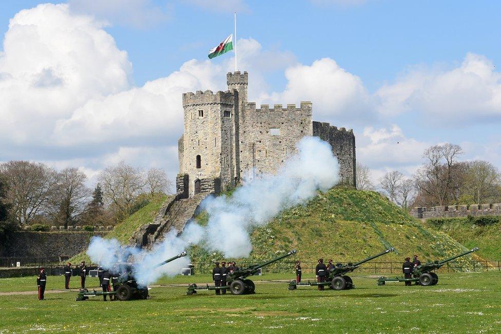 View of the first shot during a gun salute to mark the death of Prince Philip, husband of Queen Elizabeth, at Cardiff Castle, in Cardiff, Wales, Britain April 10, 2021.