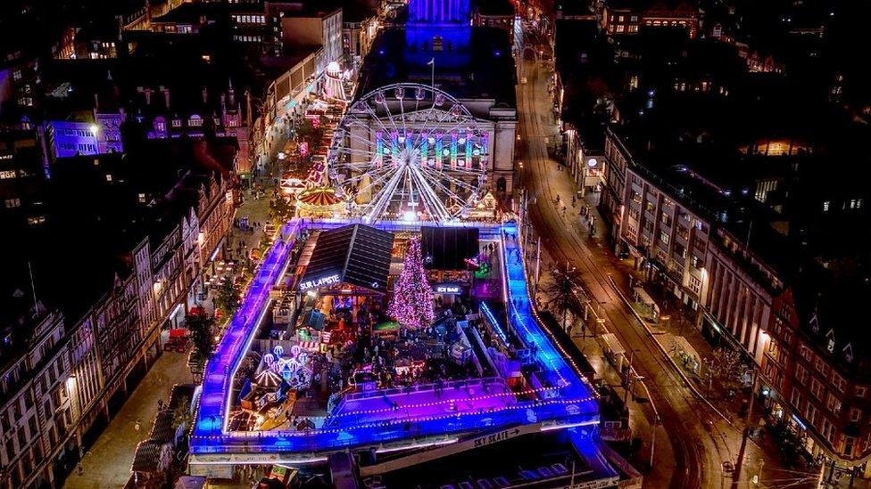 Winter Wonderland in Nottingham seen from the sky