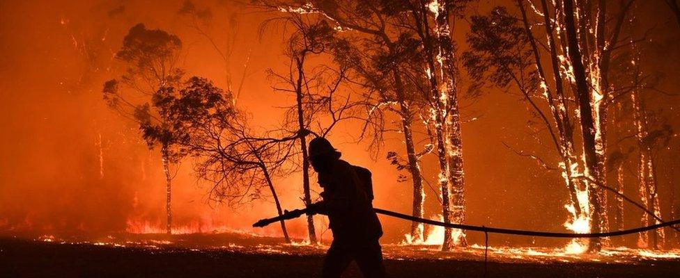 Firefighter in front of bushfire