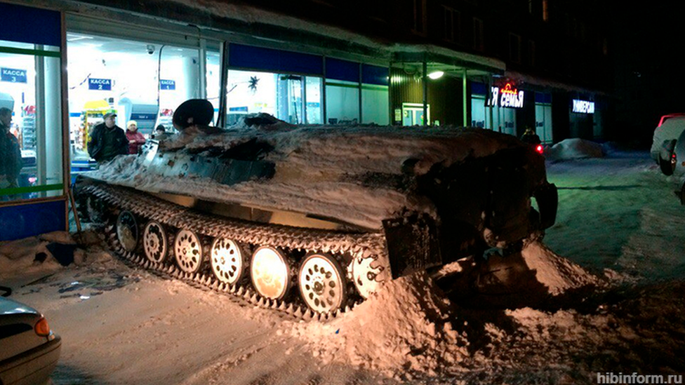 An armoured vehicle which crashed into a supermarket in northern Russia