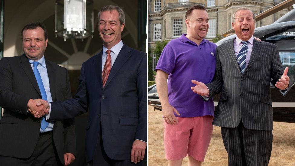 Arron Banks and Nigel Farage in real life and as they are portrayed in Brexit: The Uncivil War