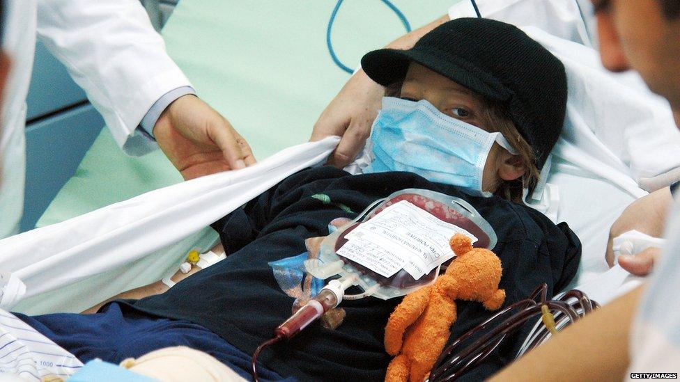 Libyan medics prepare to carry Dutch boy Ruben van Assouw as he leaves a hospital in Tripoli 15 May 2010