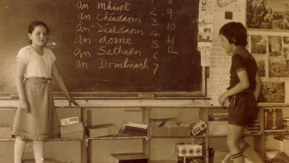 Bunscoil Phobal Feirste pupils in class in 1971