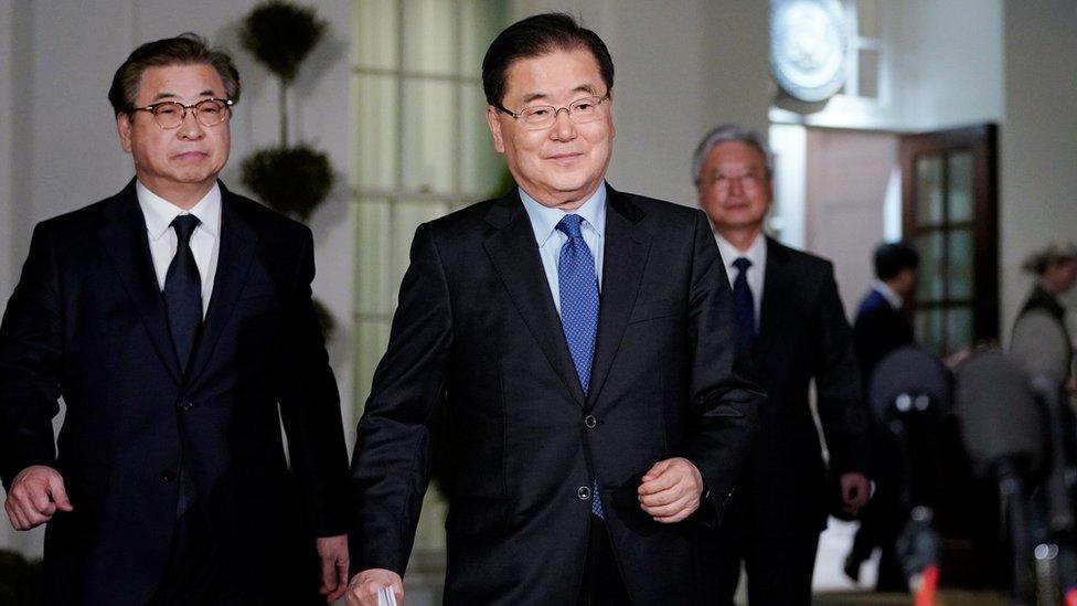 South Korean National Security Adviser Chung Eui-yong (centre) made the announcement at the White House