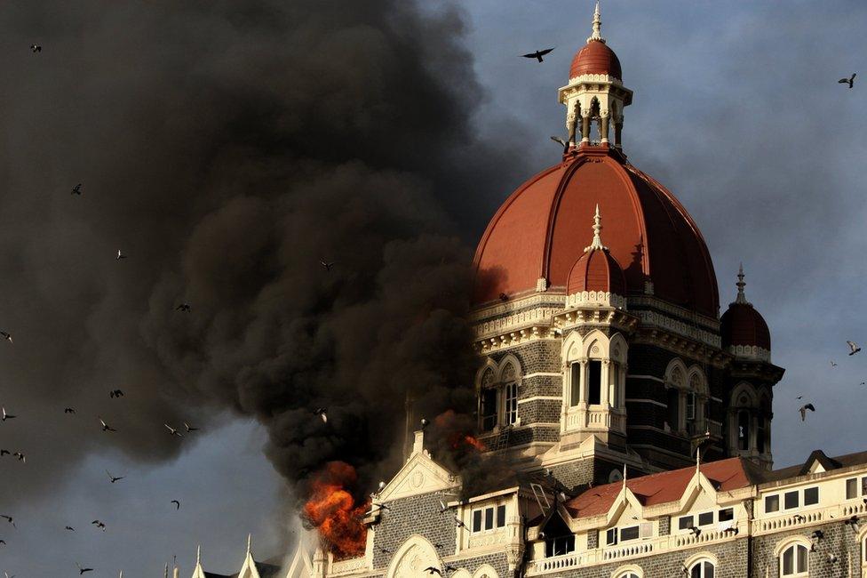 Fire at the Taj Mahal Palace Hotel during the terrorist attacks on Mumbai