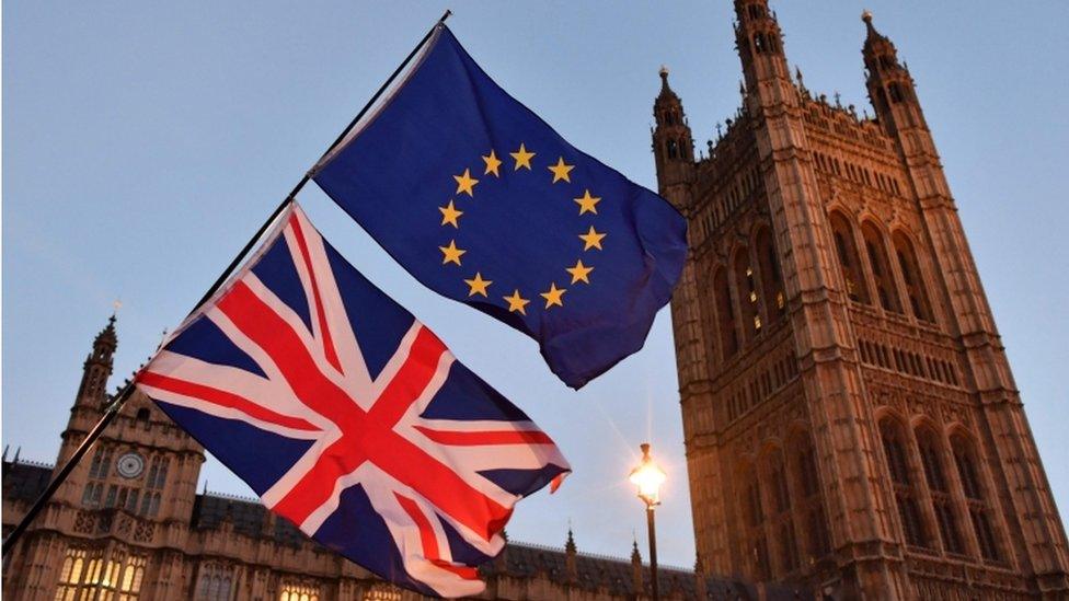 Houses of Parliament and EU and British flags