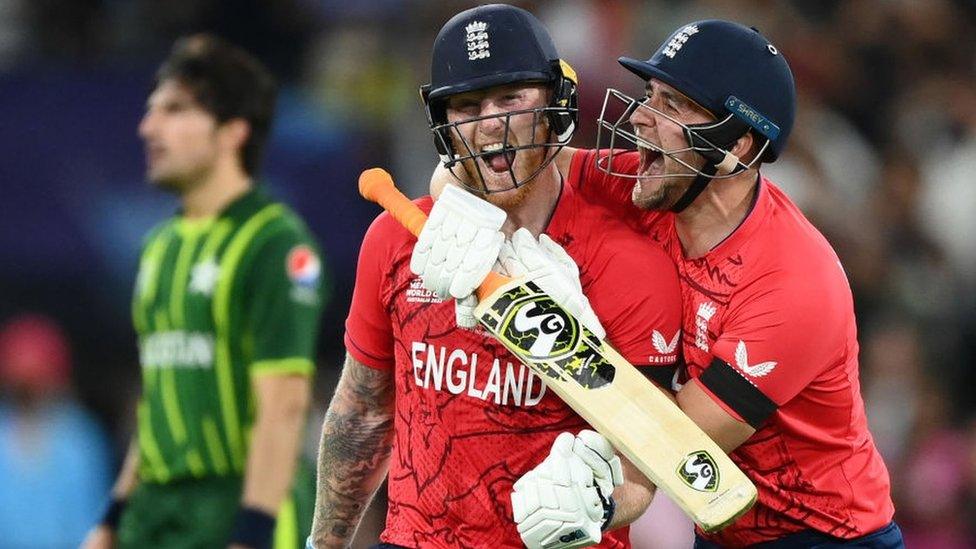 Ben Stokes and Liam Livingstone celebrate England winning the T20 World Cup