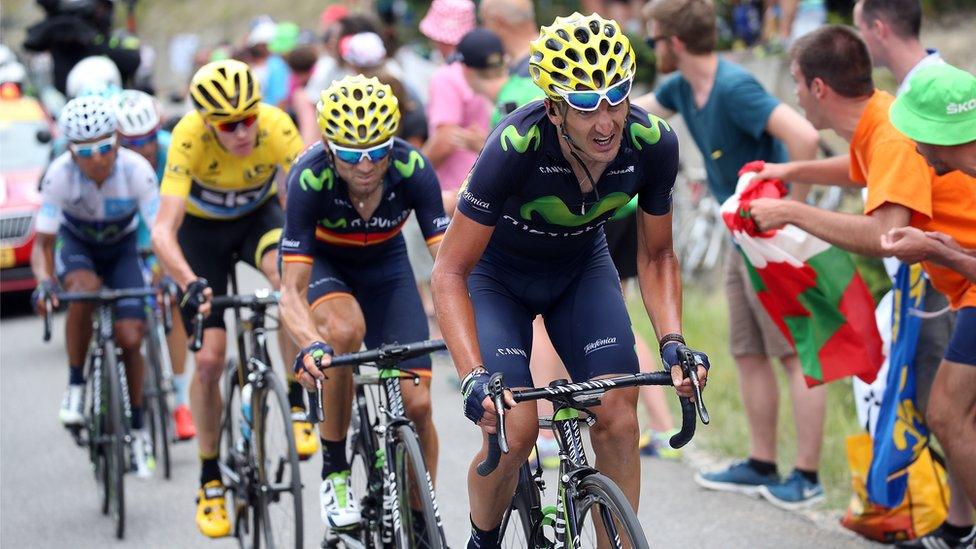 Chris Froome of Great Britain (the third one back) riding for Team Sky on the climb to the finish of stage 17 2015 Tour de France