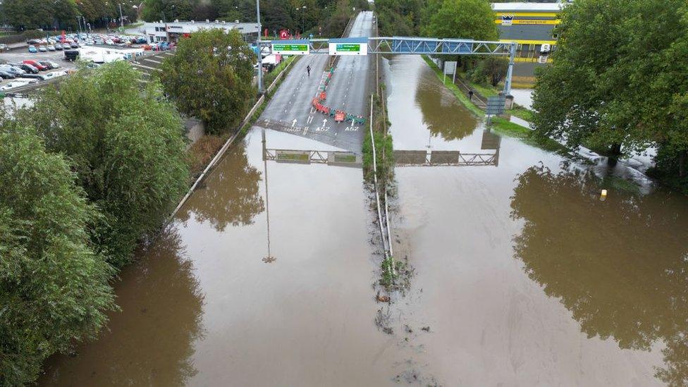 Flooded roads in the Pentagon area of Derby after the River Derwent burst its banks