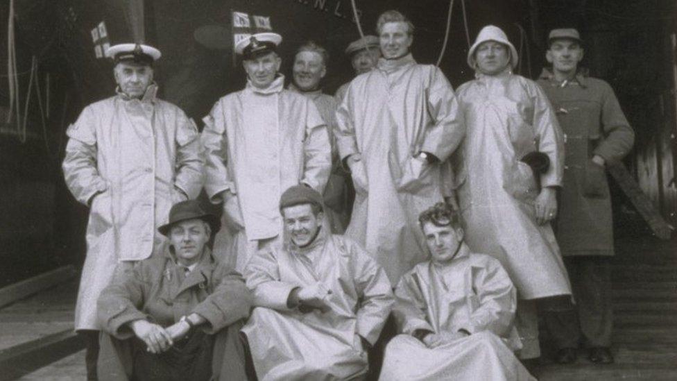 Some of the crew who died in the tragedy (all wearing waterproofs) were back row, left to right, mechanic Robert Johnston, Coxswain Daniel Kirkpatrick, 2nd Coxswain James Johnston and crew member Robert Johnston and bottom row, middle assistant mechanic James Swanson and bottom right Bowman Ray Kirkpatrick. Eric McFadyen and crew member Jack Kirkpatrick are not pictured.