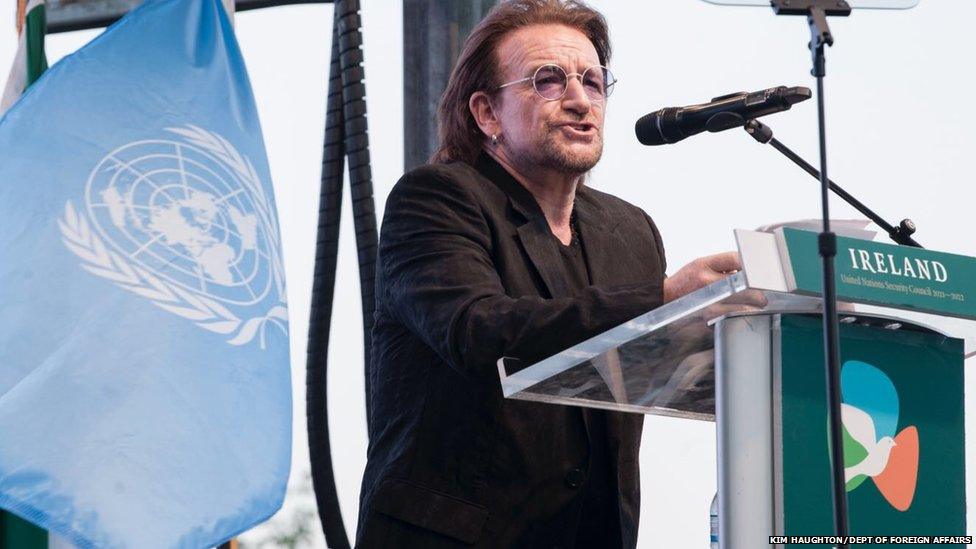 U2 singer Bono pays tribute to the UN