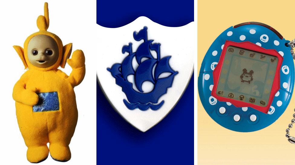 Tellytubby, Blue Peter badge and Tamagotchi