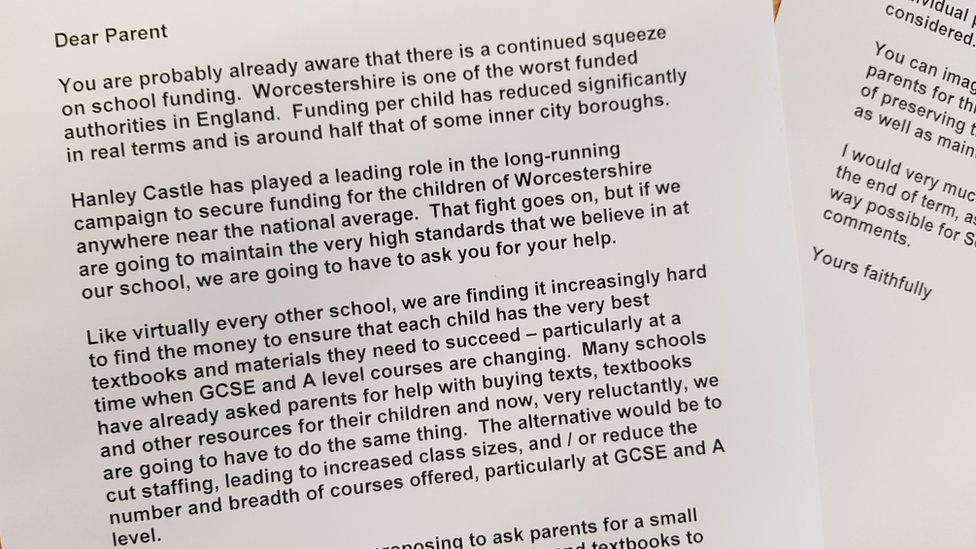 Letter from Hanley Castle High School asking parents for voluntary donations