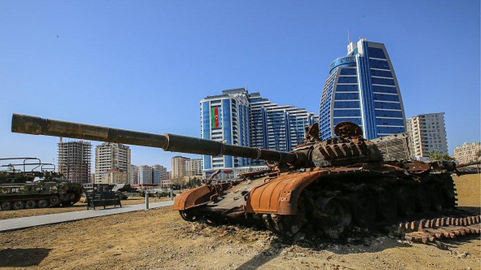 An Armenian tank on view at the Spoils of War open-air museum, containing weapons and armored vehicles captured from the Armenian army