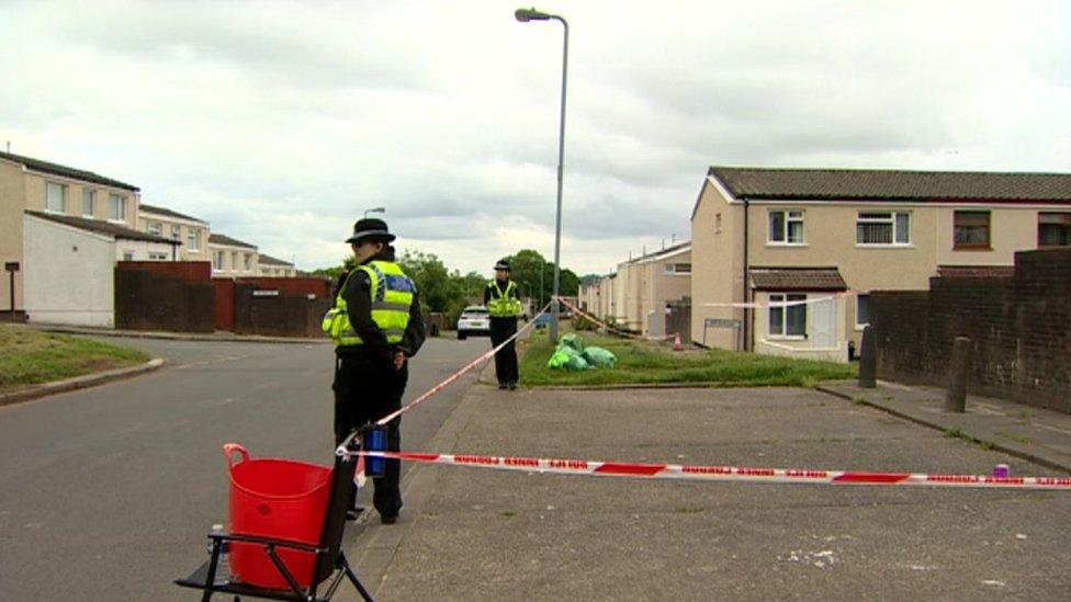 Police at the scene of the stabbing on Brynfedw