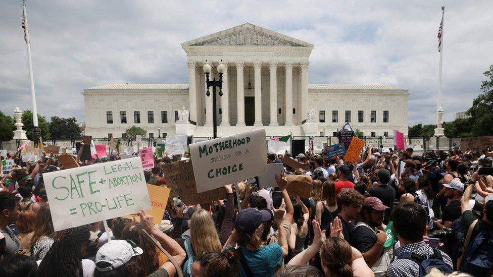 demonstrators protest outside the United States Supreme Court