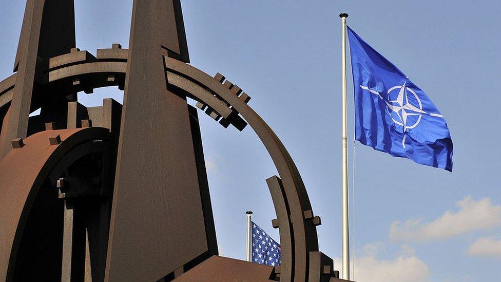 Nato flag at the Nato headquarters in Brussels