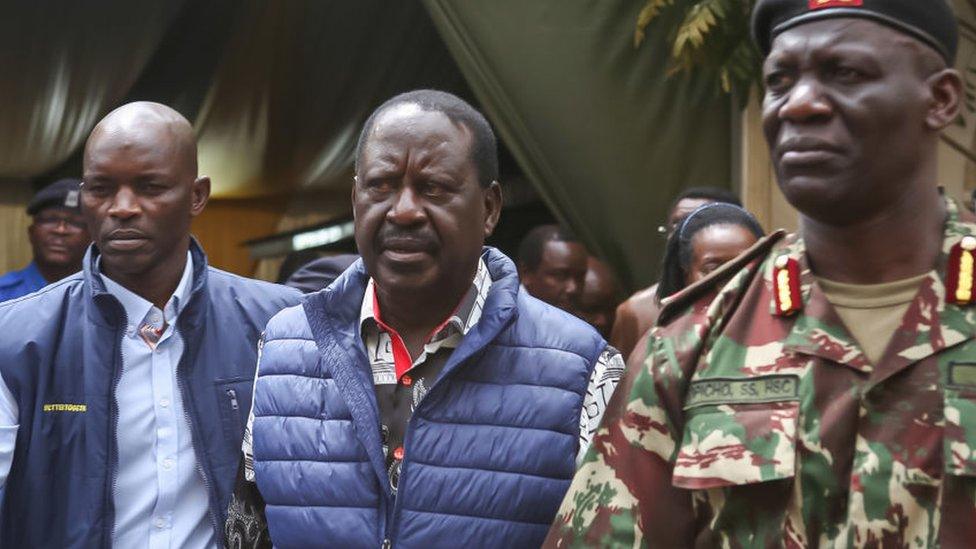 Azimio la Umoja presidential candidate Raila Odinga (C) leaves the Supreme Court registry at the Milimani Law Courts in Nairobi after filing the election petition challenging the presidential results of the just concluded general elections in Kenya held on 9 August 2022