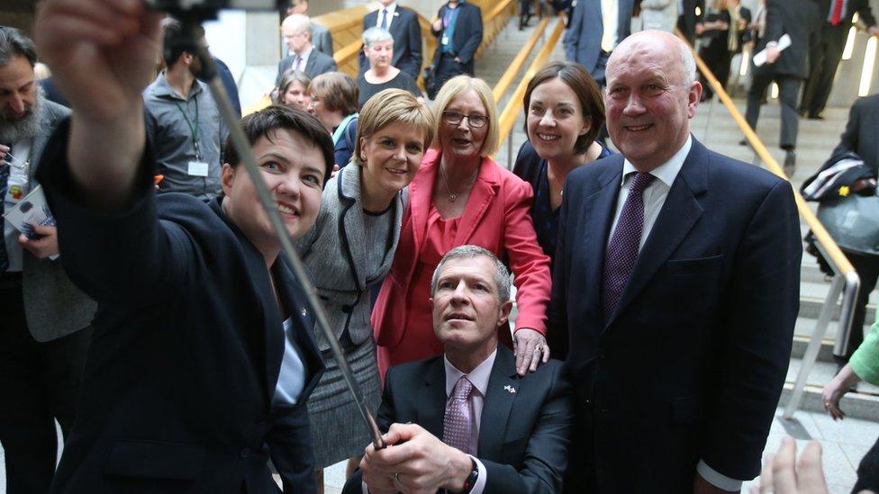 Ruth Davidson, Nicola Sturgeon, Presiding Officer Tricia Marwick, Willie Rennie, Kezia Dugdale and deputy presiding officer John Scott