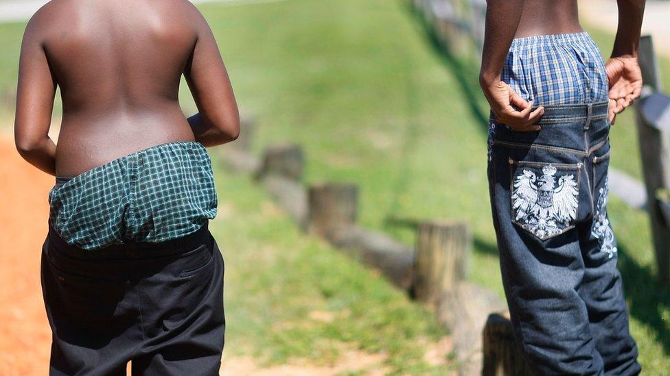 Two youths wear their pants with underwear showing on April 23, 2009 in Riviera Beach, Florida