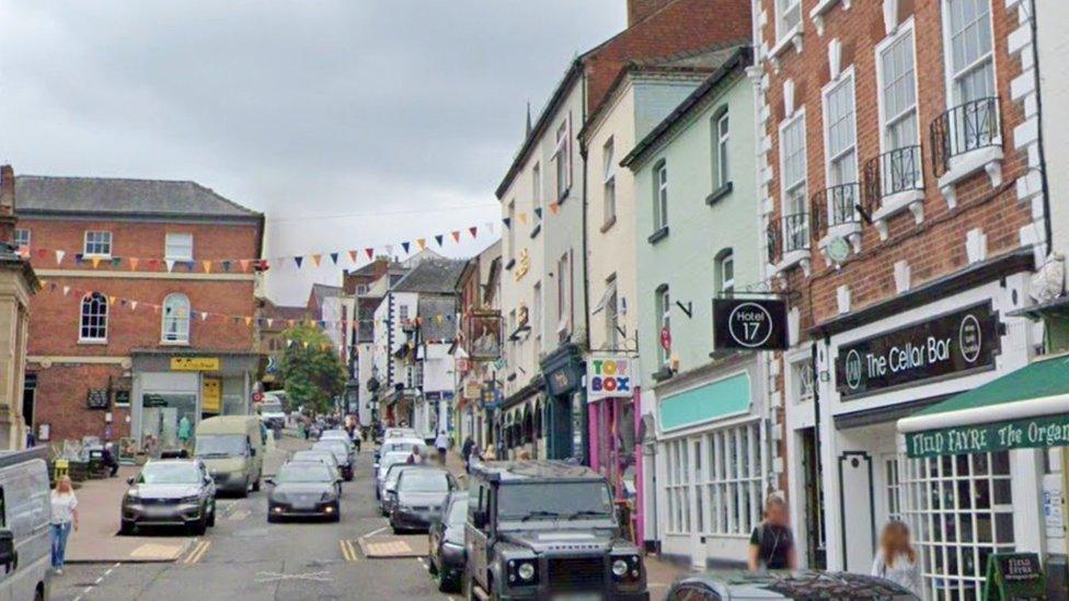 The 18th-century Raglan House, on the right, has a prominent position in Ross-on-Wye