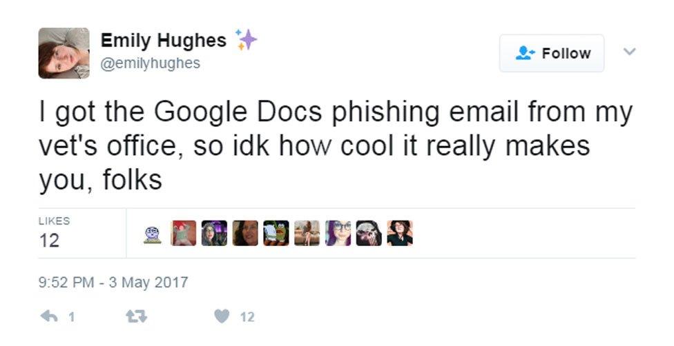 Image of tweet from a Google Docs phishing recipient