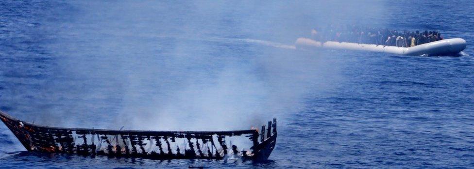 A boat is burned in the Mediterranean