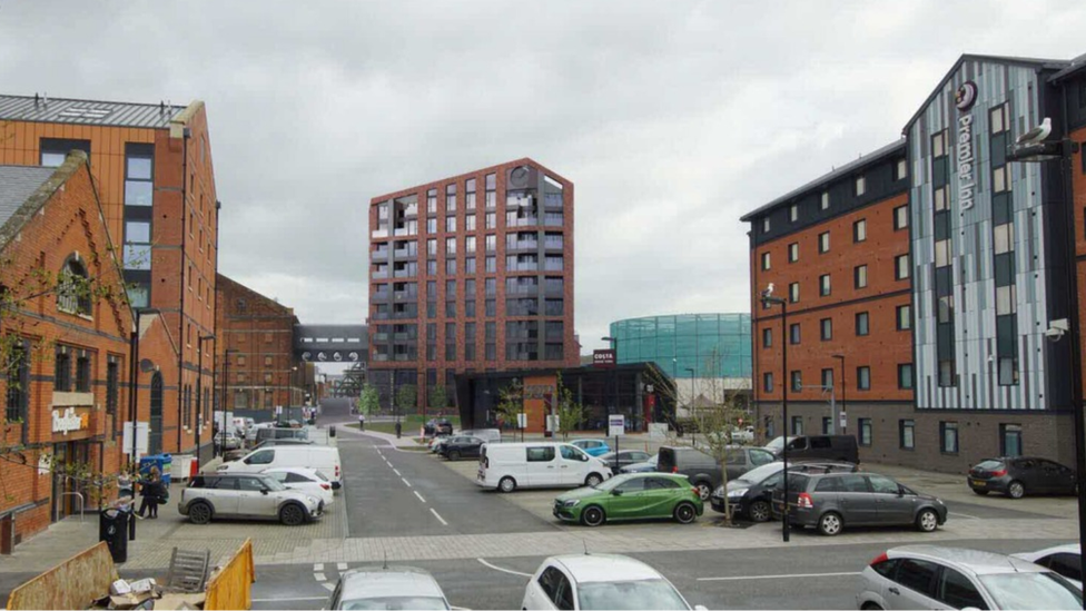 Tower block of flats at Bakers Quay at Gloucester Docks