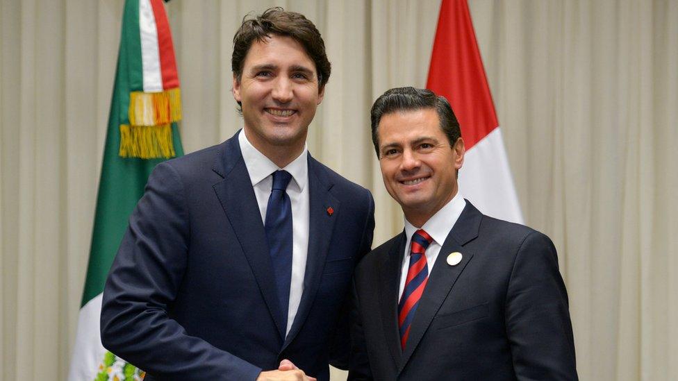 Canada's Prime Minister Justin Trudeau shakes hands with Mexico's President Enrique Pena Nieto