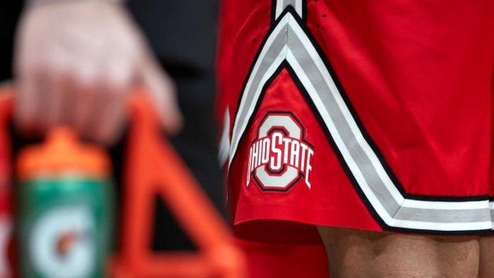 Ohio State University logo on a pair of basketball short