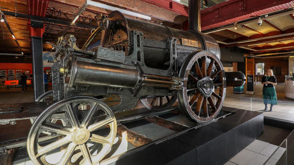 Stephenson's Rocket steam locomotive sits on display at the Manchester Museum of Science and Industry