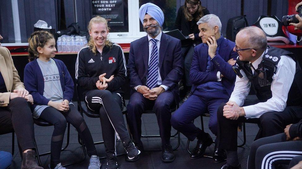 Councillor Jas Athwal, Mayor of London Sadiq Khan and Met Police Commissioner Sir Mark Rowley during a visit to Box Up Crime gym in Ilford in Jan 2023