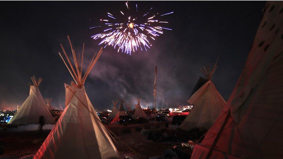 Fireworks in Oceti Sakowin camp.