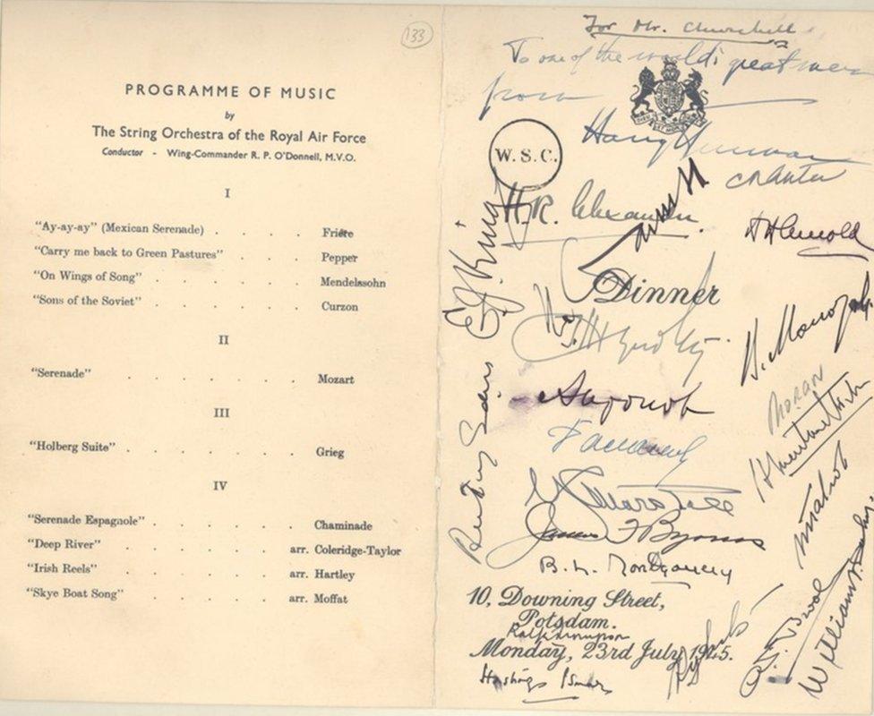 Seating plan from the Potsdam conference, dedicated to Churchill and signed by President Truman and Marshal Stalin, 23 July 1945. All images are reproduced with the permission of the Sir Winston Churchill Archive Trust