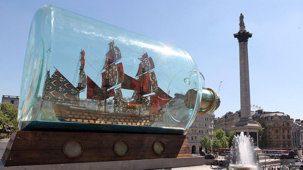 A sculpture by artist Yinka Shonibare, 'Nelson's ship in a bottle' is installed on the fourth plinth in Trafalgar Square on May 24, 2010