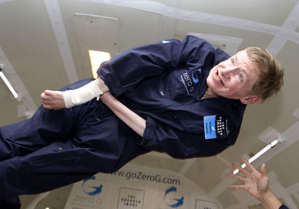 Stephen Hawking floats as he experiences zero gravity