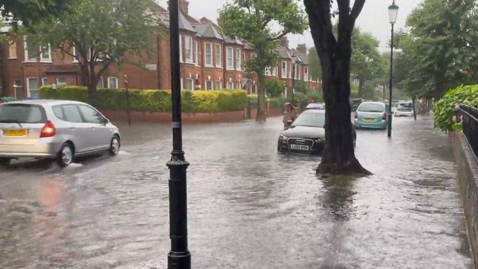 Streets with heavy rain and flooding