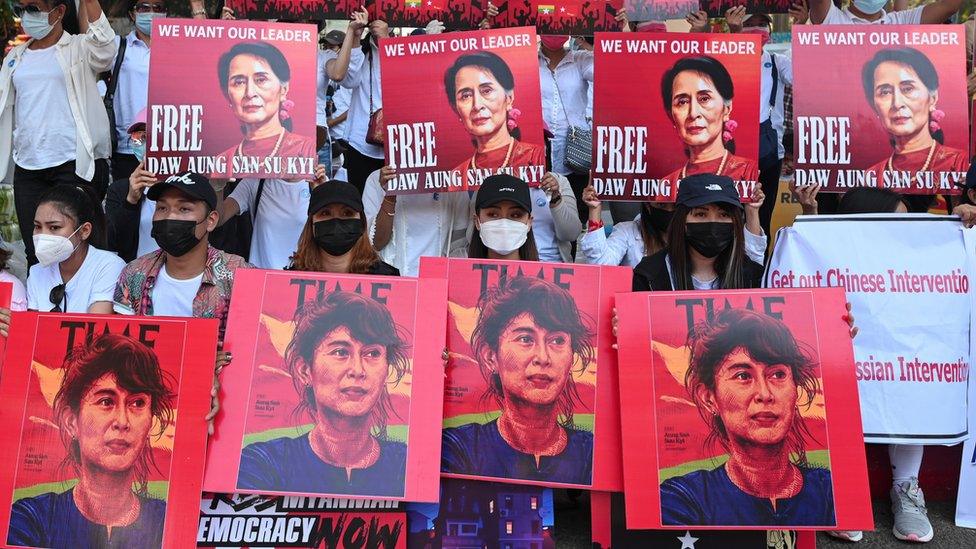 Protesters are demanding the release of Aung San Suu Kyi after the elected leader was detained in a coup