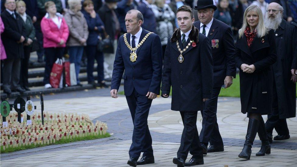 Lord Mayor of Belfast Arder Carson and Deputy Lord Mayor Guy Spence at the Armistice Day ceremony at the Cenotaph in Belfast