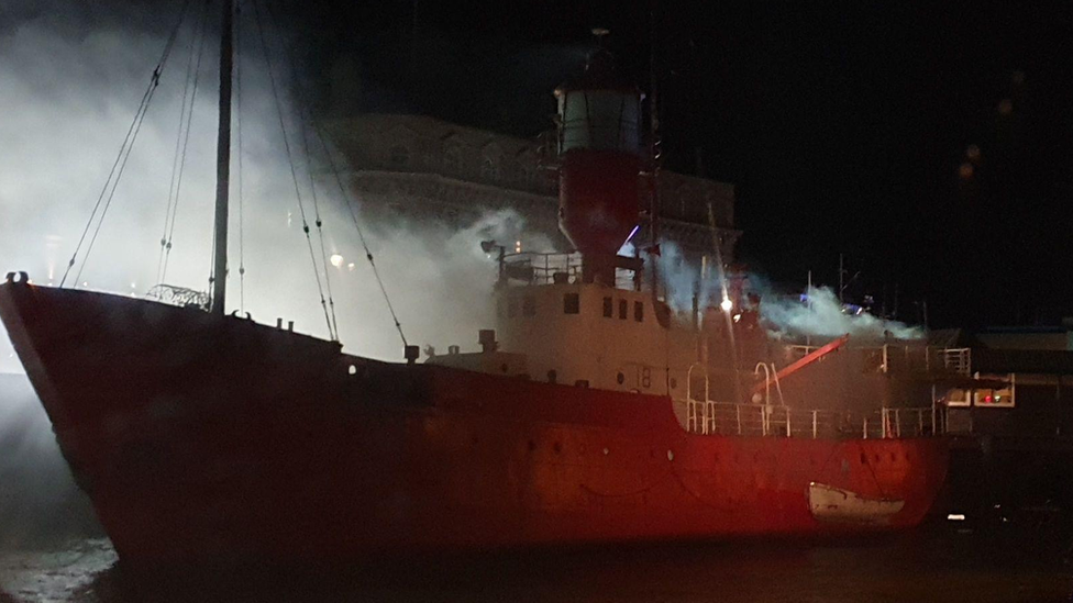 The LV18 engulfed by smoke at the Quay in Harwich.