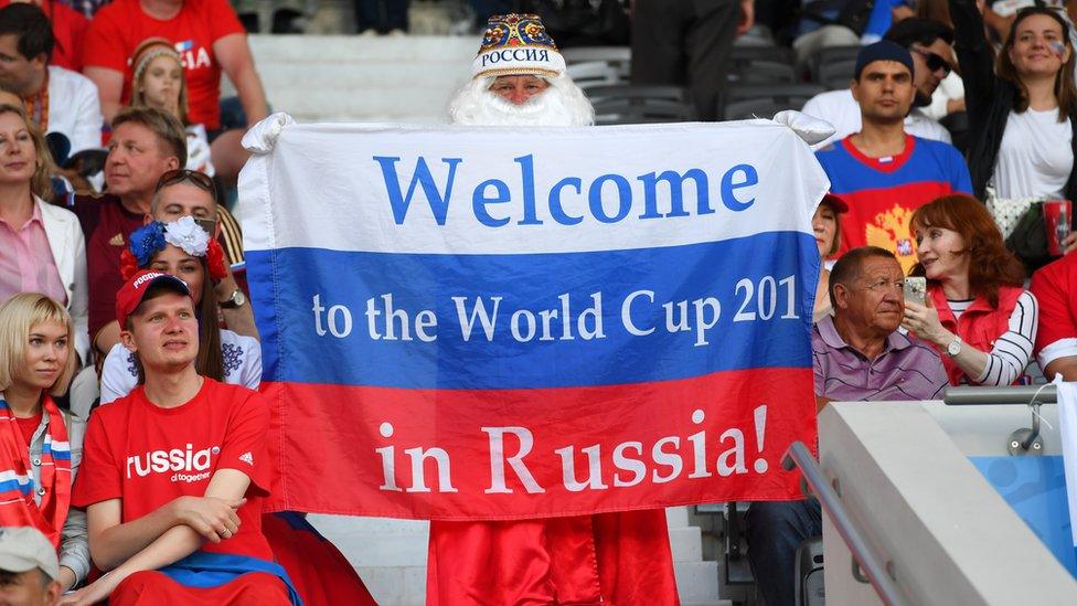 A Russia fan with his 2018 World Cup flag before the UEFA EURO 2016 Group B match between Russia and Wales