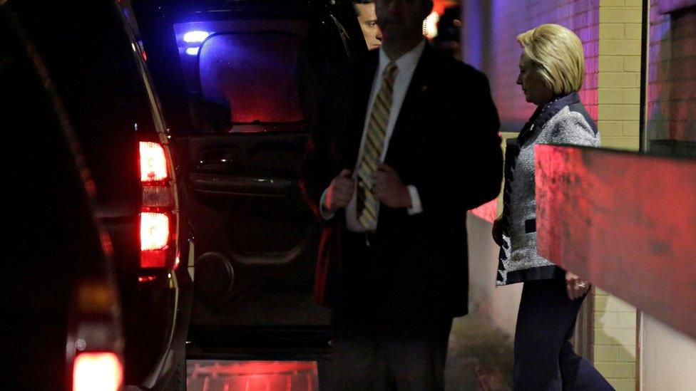 Hillary Clinton departs after a meeting with Bernie Sanders