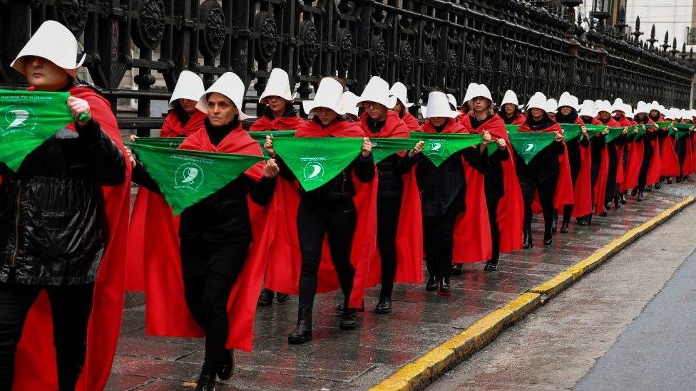 women in favour of the legalization of abortion marched as characters from Margaret Atwood's feminist dystopian novel 'The Handmaid's Tale'