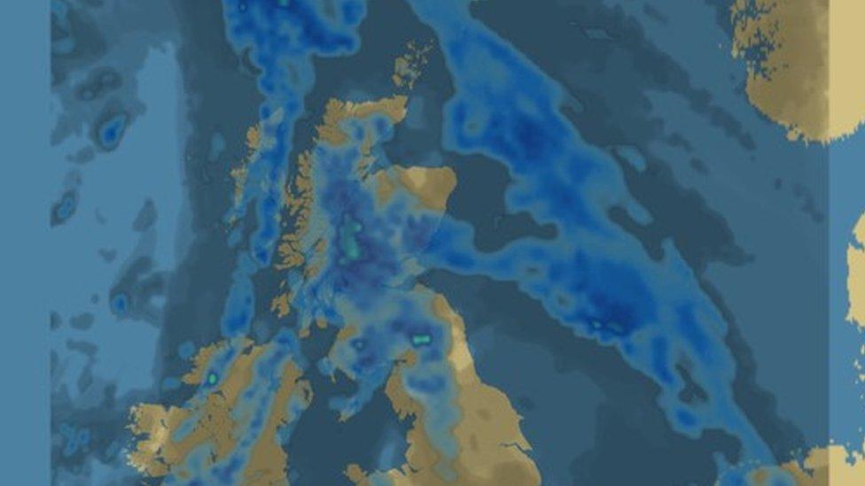 Weather map with heavy rain indicated