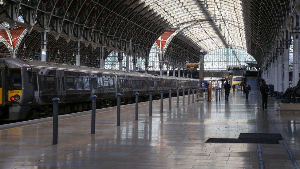 Empty platform at Paddington railway station on the third of the three days rail strike action