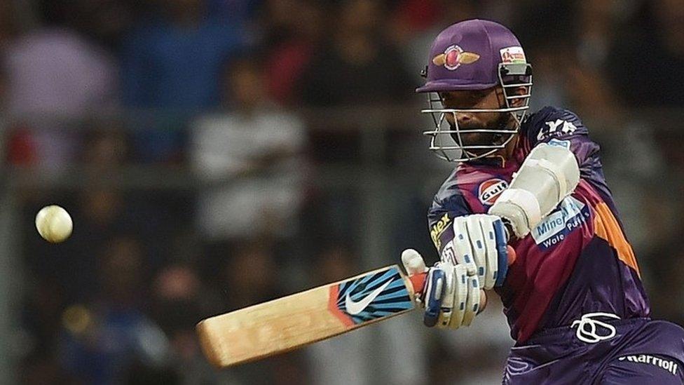 Pune Supergiants batsman Ajinkya Rahane plays a shot during the 2016 Indian Premier League (IPL) Twenty20 cricket match between Mumbai Indians and Rising Pune Supergiants at The Wankhede Cricket Stadium in Mumbai (09 April 2016)