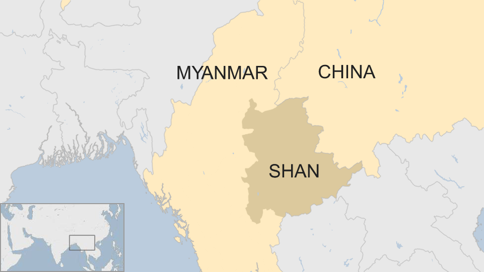 A map showing Myanmar and the state of Shan that borders China